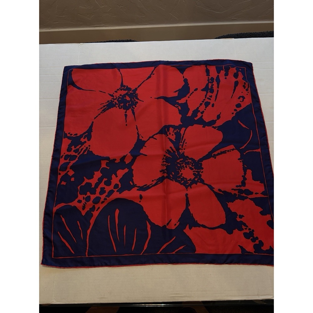 Vintage Silk Rayon Scarf Red Navy Blue Mod Floral Hand Rolled Japan 29" Square